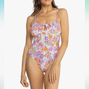 Roxy Meadowlark Ditsy Floral Slimming One Piece Swimsuit White‎ Orange Pink S